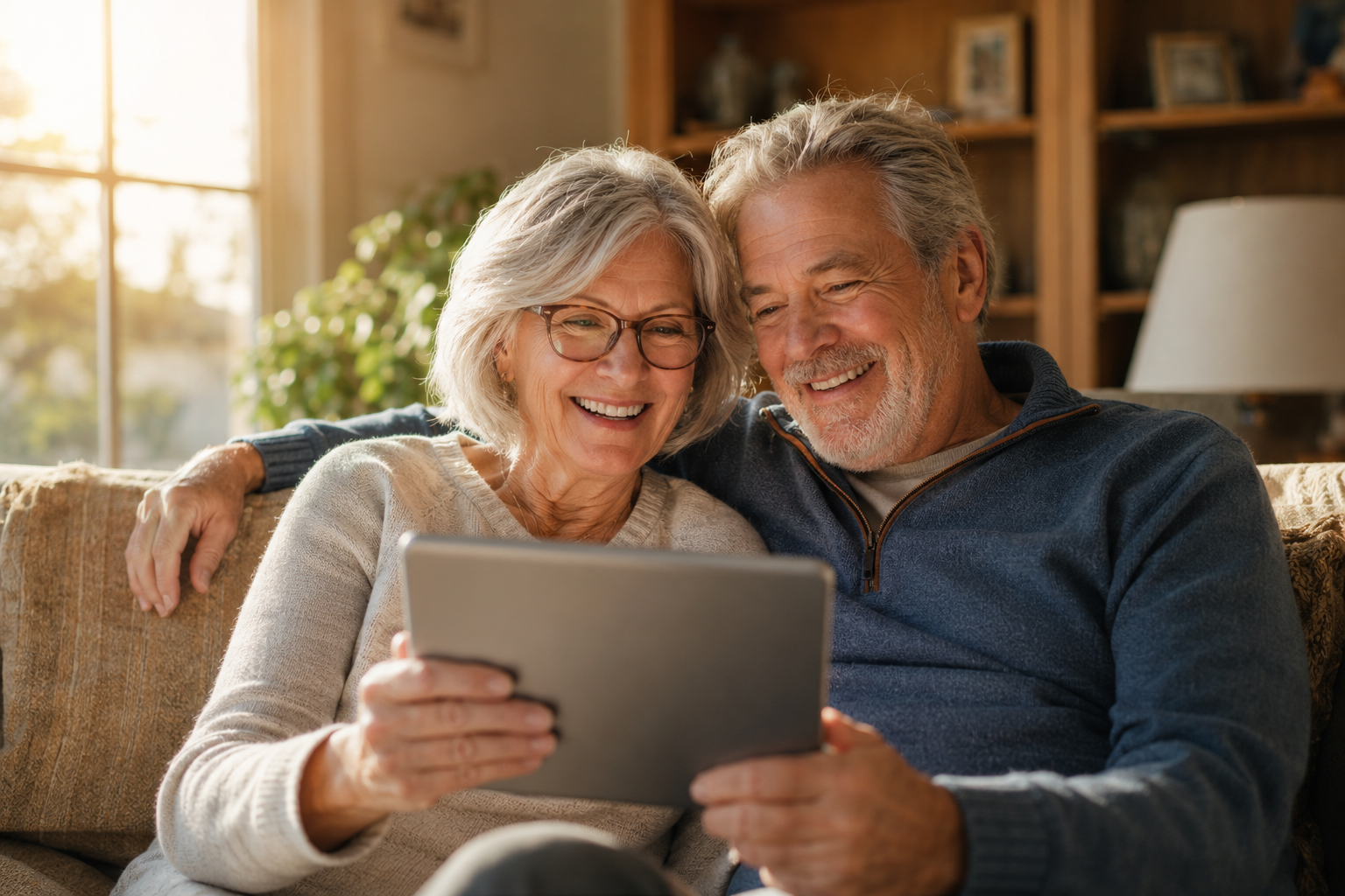 A happy couple using a tablet together after securing their phone